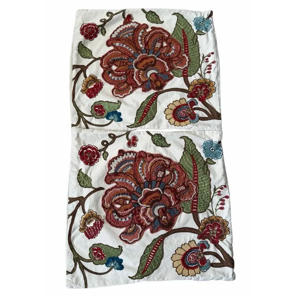 Pottery Barn set of 2 pillow covers 20x20 Creak‎ Floral Embroidered